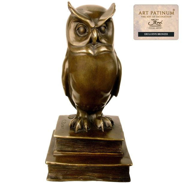 Bronzen beeld Uil op Boek titel Wijsheid met exclusieve John Frel Patina